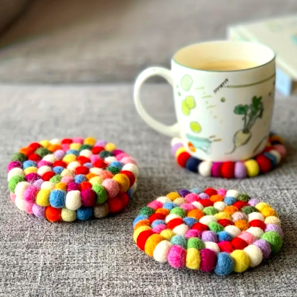 2 pc felt wool boho eclectic coaster set handmade BNWT 2 pieces colorful rainbow